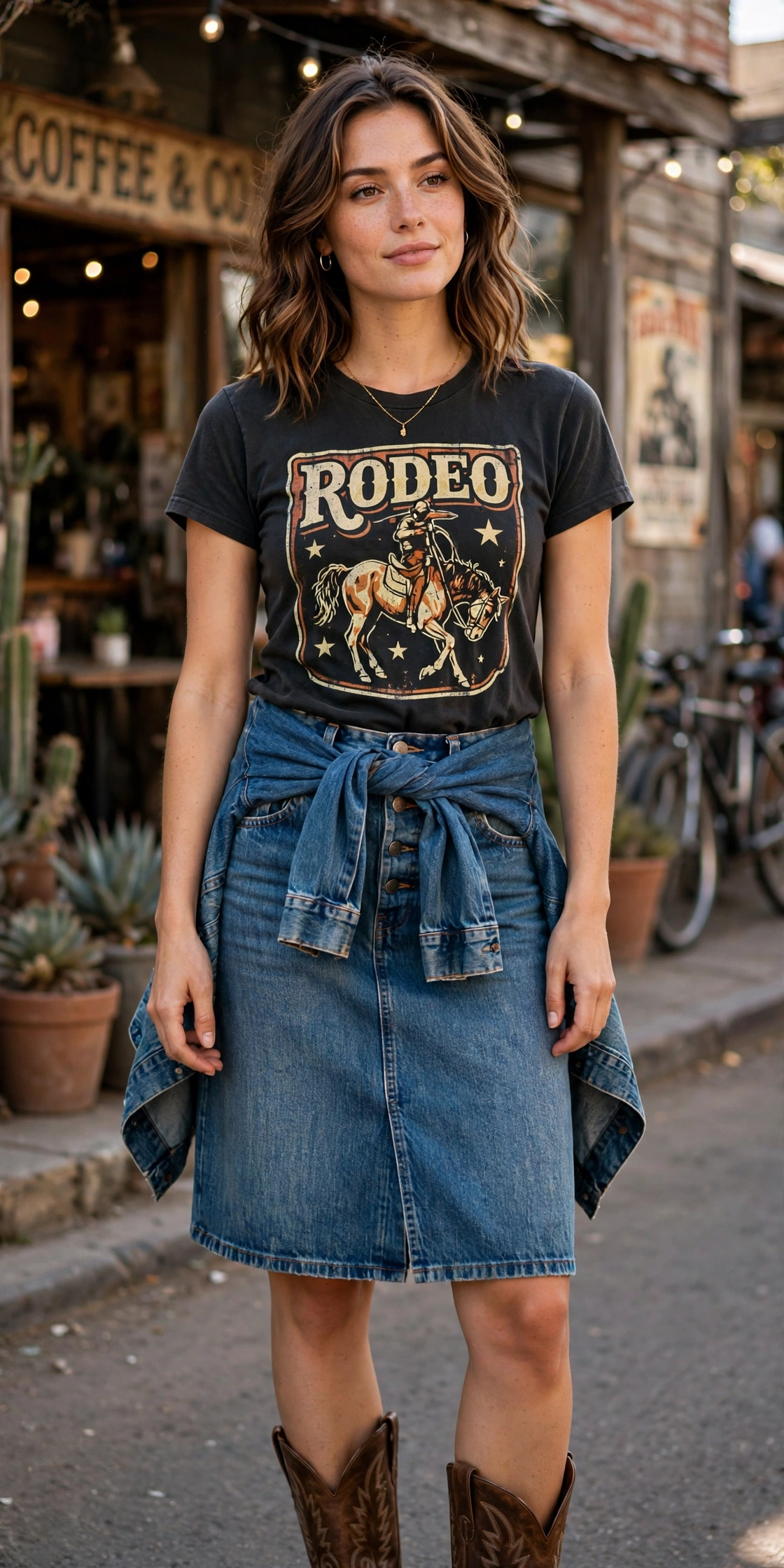 7. Western Denim Skirt with Graphic Tee