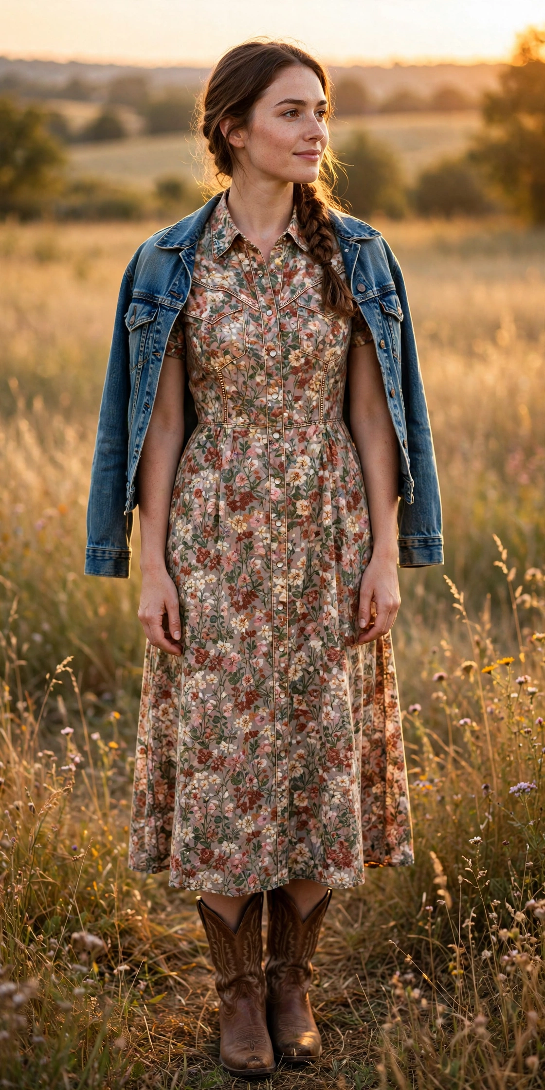 3. Western-Inspired Midi Dress with Cowboy Boots
