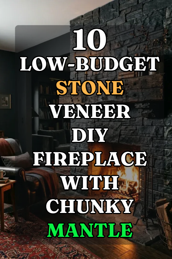 10 Low-Budget Stone Veneer DIY Fireplace with Chunky Mantle