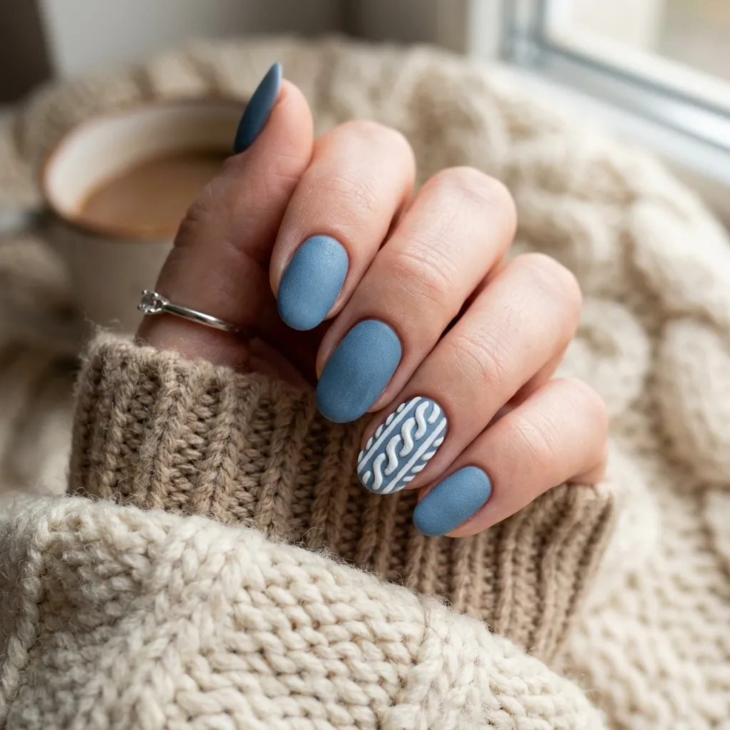 3D white sweater texture over denim blue nails
