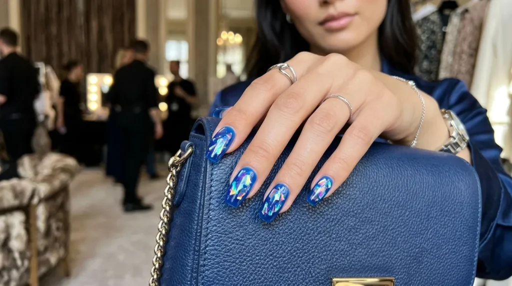 Blue quartz marble and gold foil nails