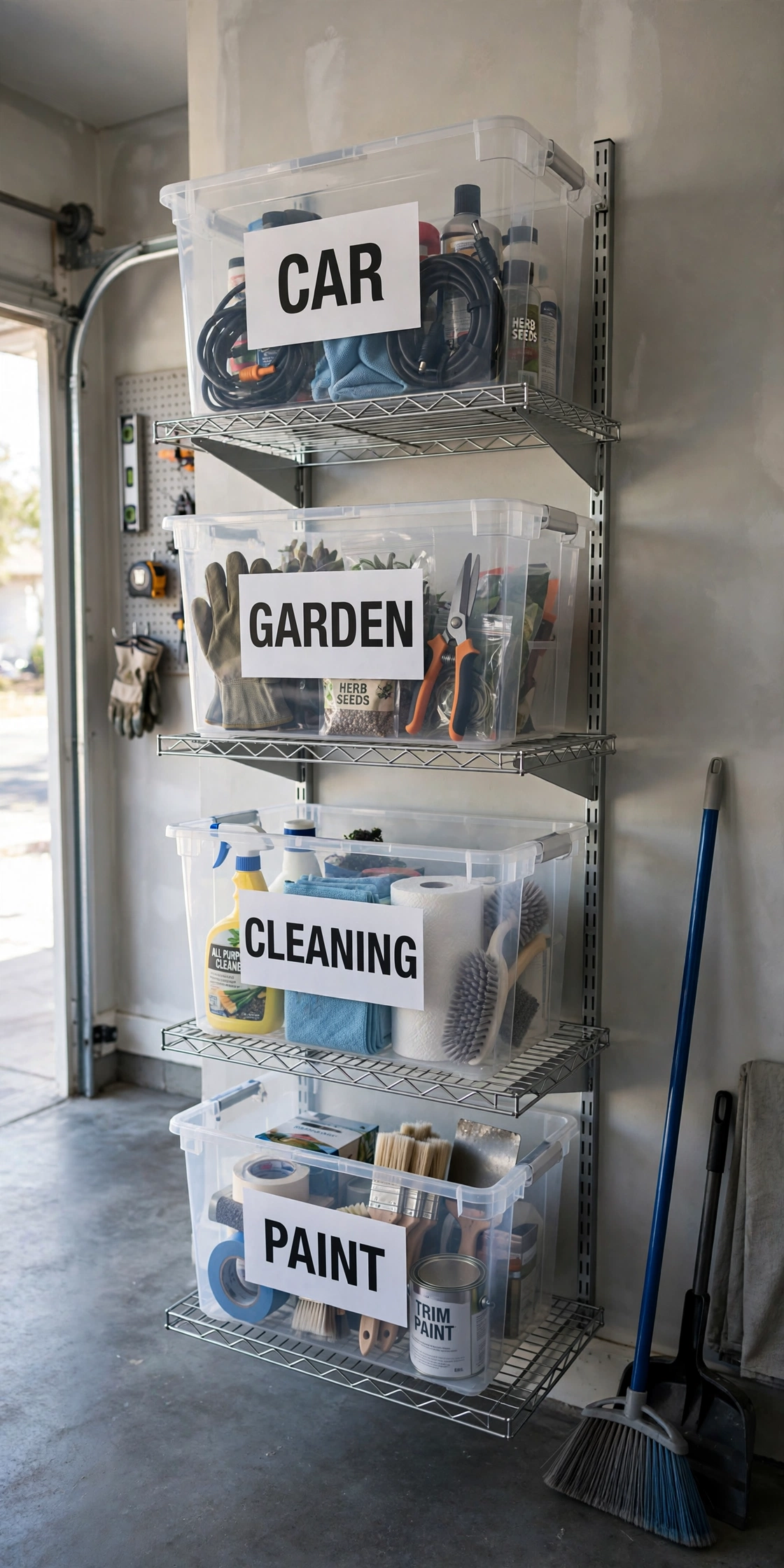 2. Adjustable Wire Shelving with Labeled Totes