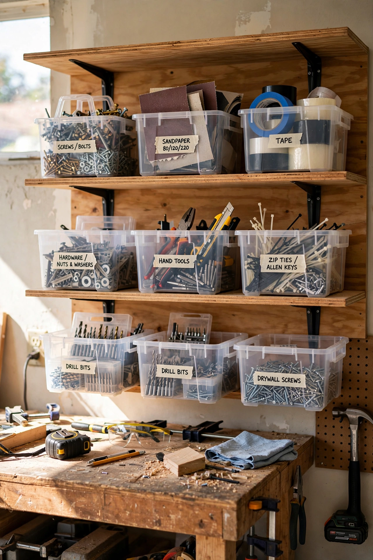9. Open Shelving with Transparent Totes for Quick Access
